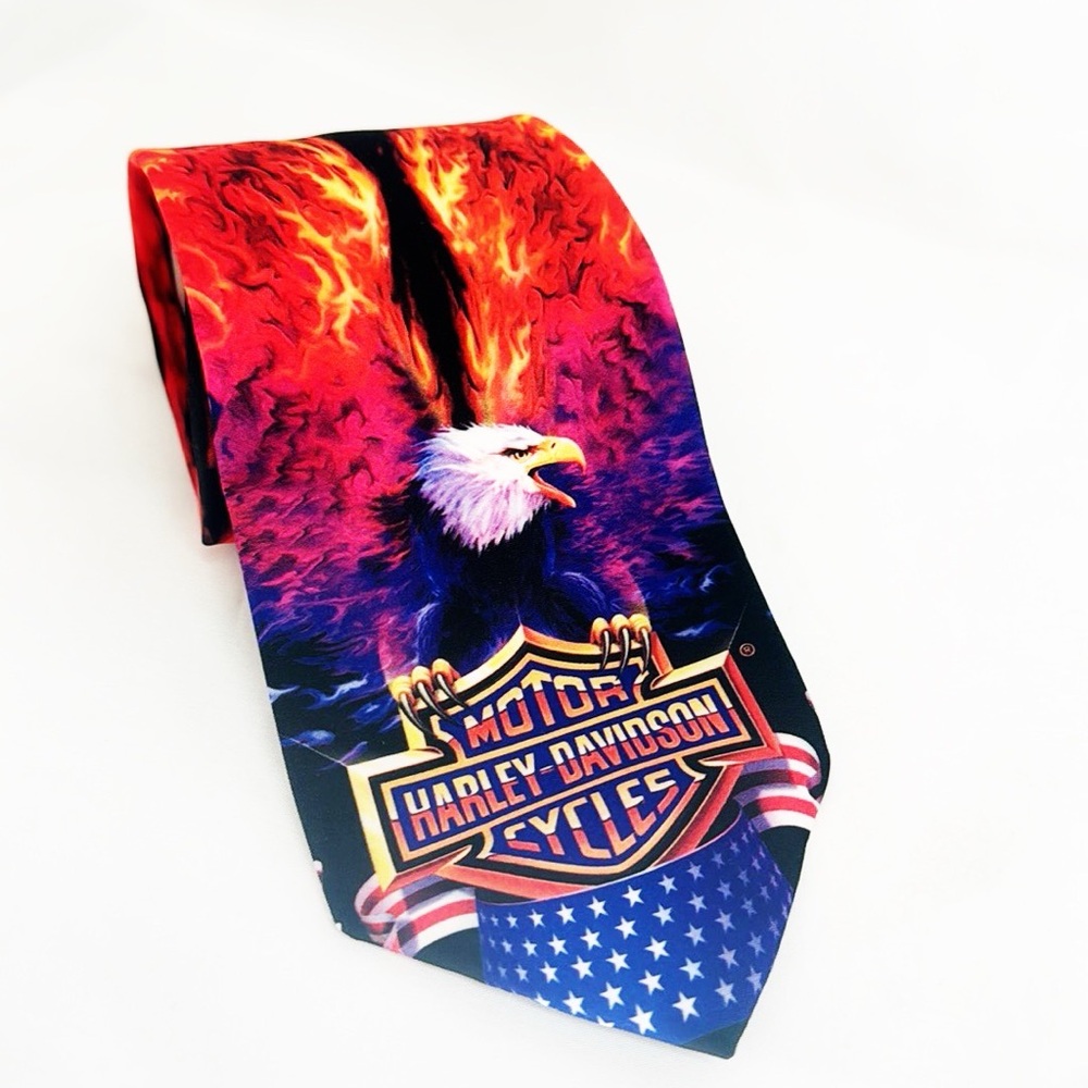 HARLEY DAVIDSON Graphic USA Hawk Tie Y2K Ralph Marlin 3 3/4” Wide - Picture 1 of 5